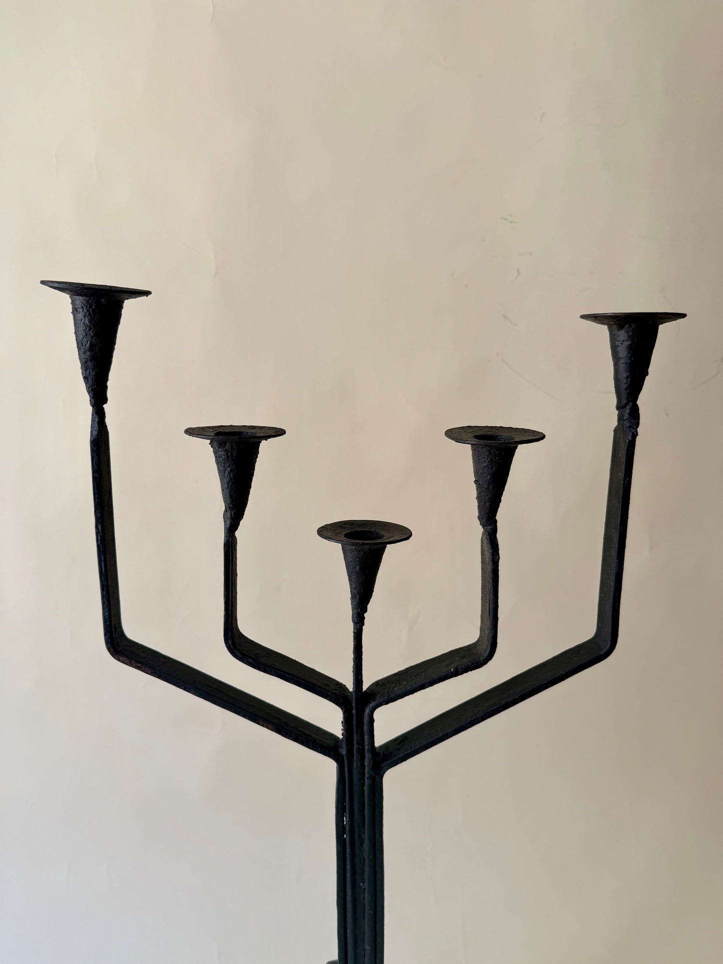 Vintage Spanish Brutalist Style Black Wrought Iron Candlelabras