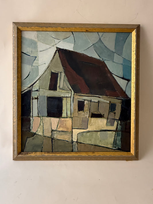 Vintage Moody Cubist Painting of a House in a Gold Frame