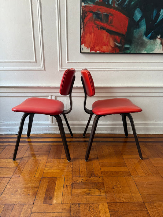 pair of mid century Thonet chairs with red vinyl upholstery