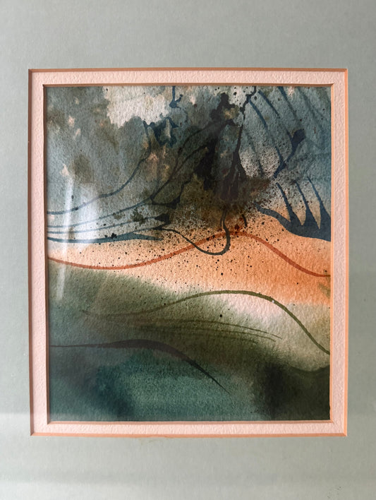 vintage abstract watercolor with blues and greens in silver frame.