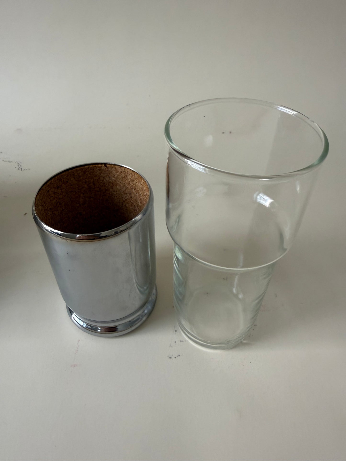 set of 6 space age drinking glasses with cork lined chrome covers