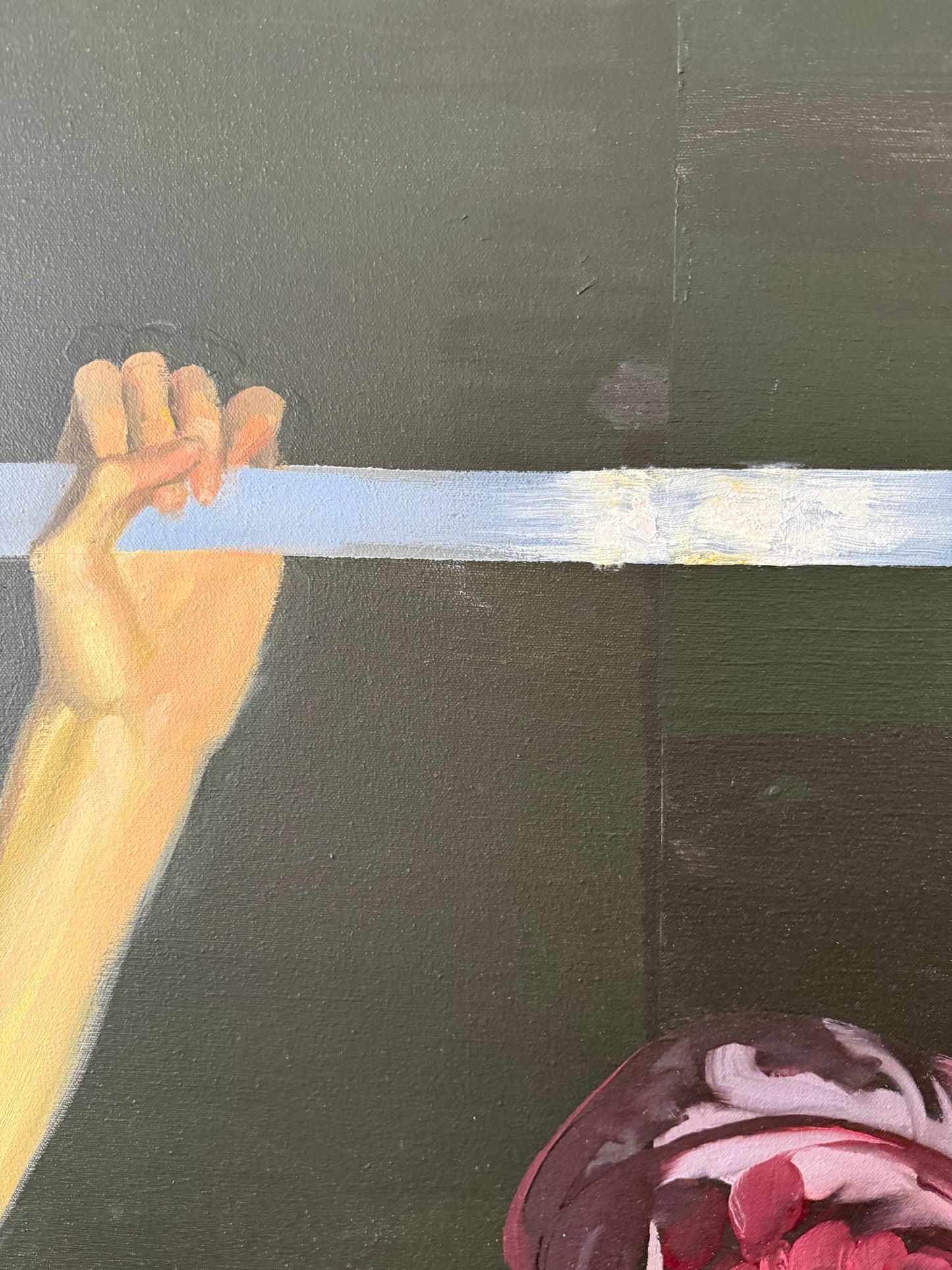 surrealist figural oil painting of arm with slice of sky
