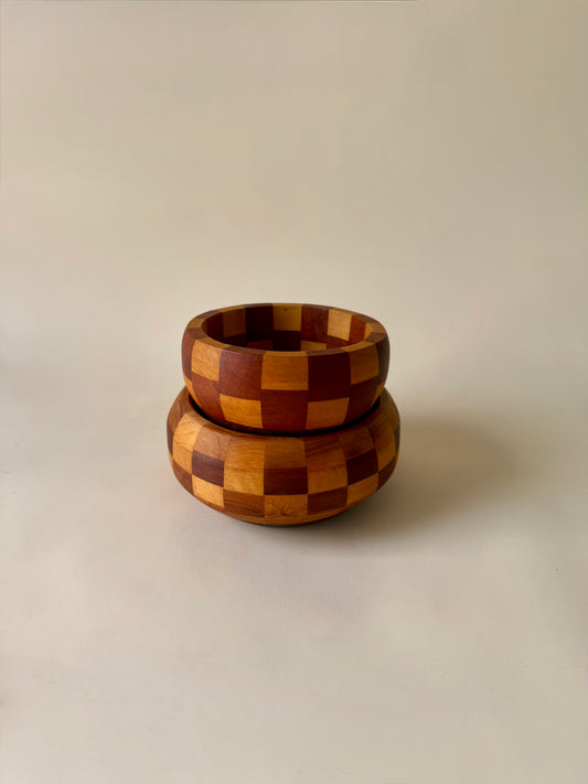 Vintage Set of Three Hand-Turned Checkerboard Wood Bowls