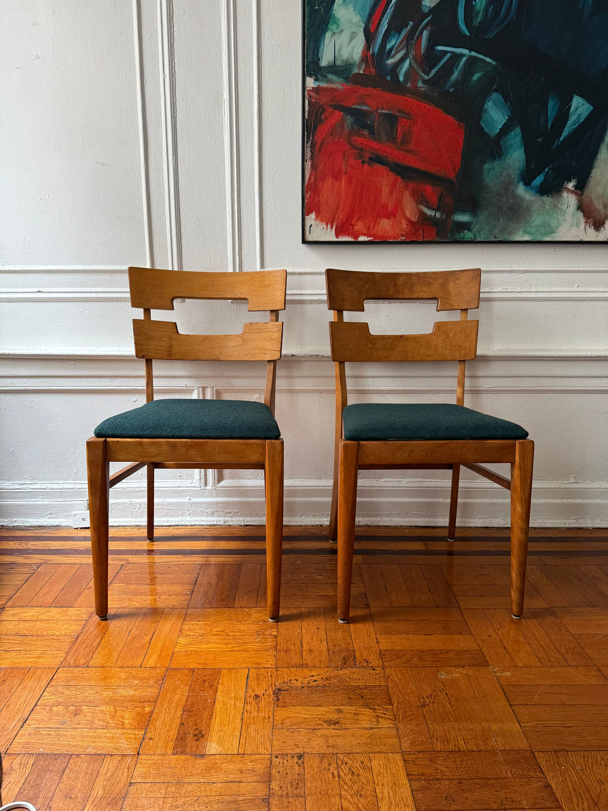 pair of early mid century dining chairs by Temple Stuart