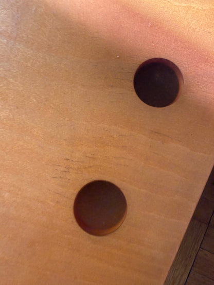 handmade modernist plywood coffee table with aluminum legs and red box underneath