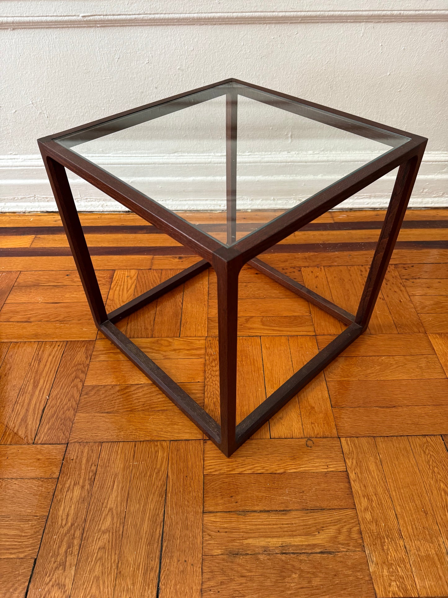 Vintage Rosewood Cube Cocktail Side Table with Glass Top