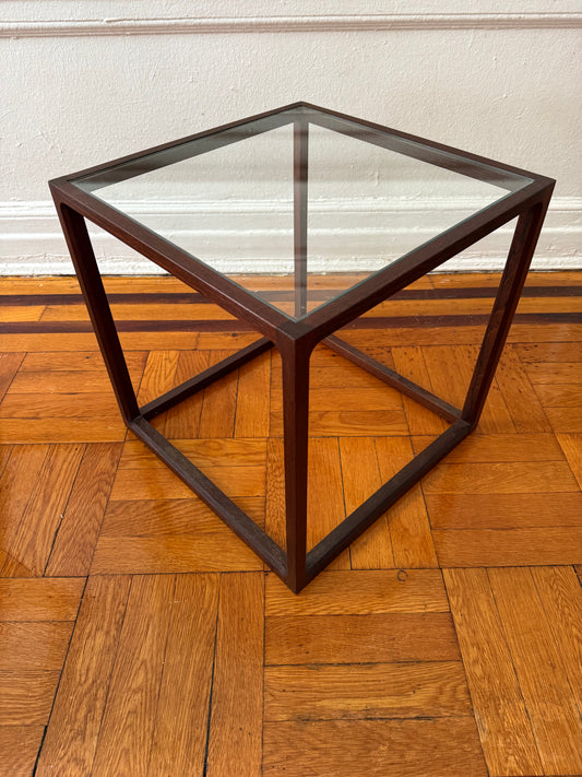 Vintage Rosewood Cube Cocktail Side Table with Glass Top