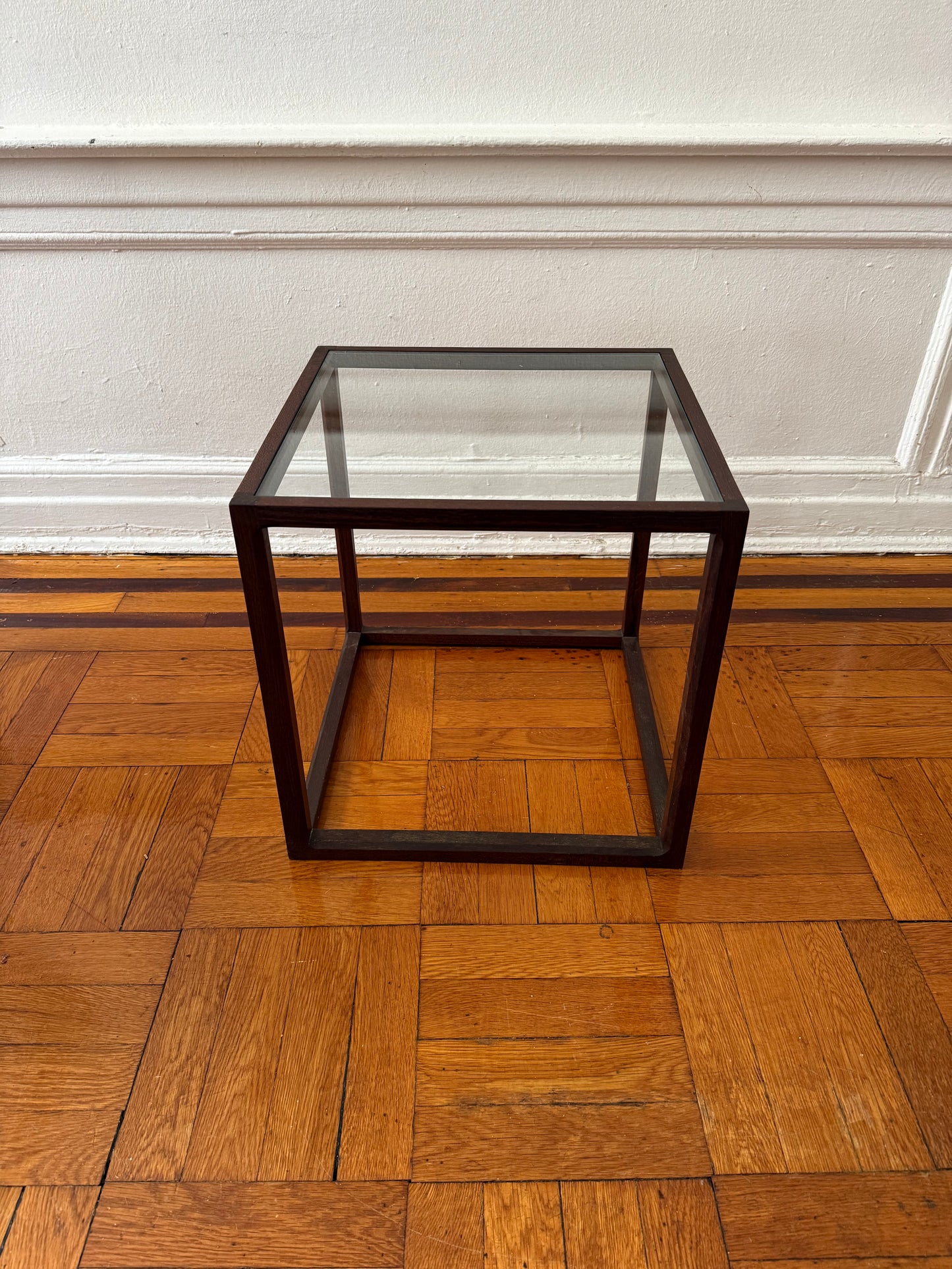 Vintage Rosewood Cube Cocktail Side Table with Glass Top