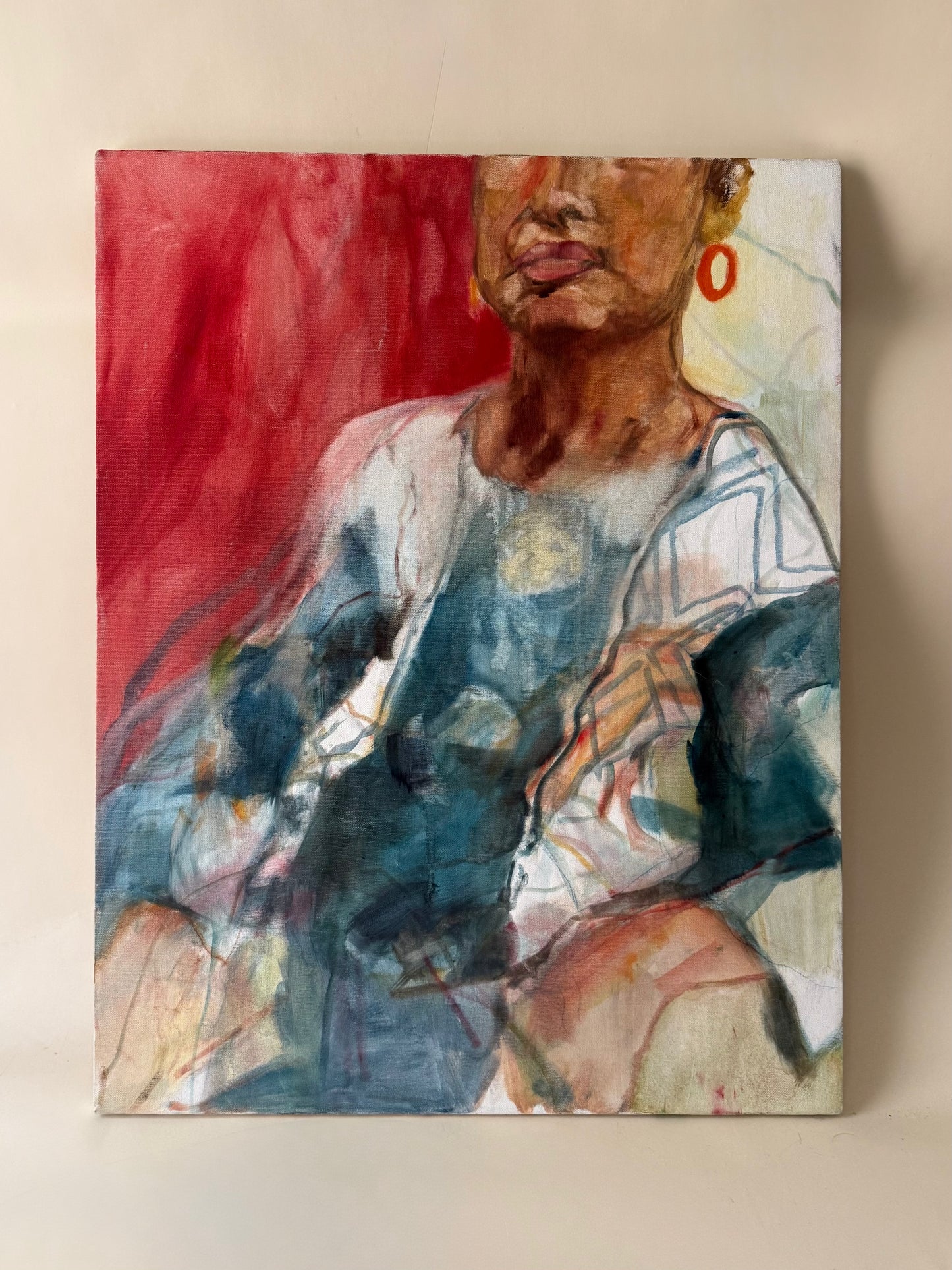 abstracted portrait painting of a woman on canvas
