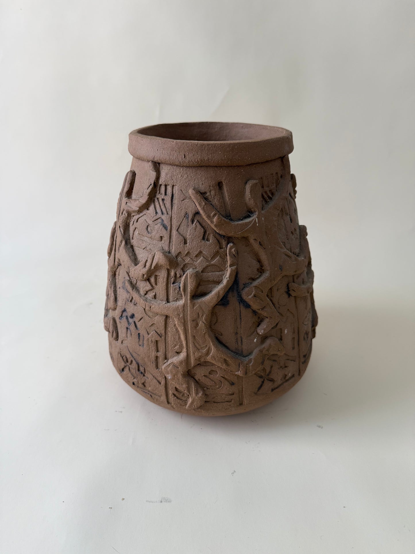 Vintage Studio Pottery Vase with Figure and Abstract Relief