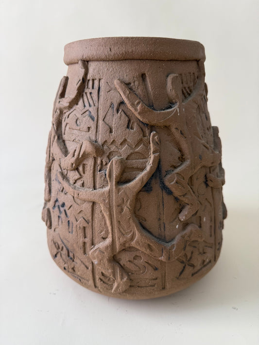 Vintage Studio Pottery Vase with Figure and Abstract Relief
