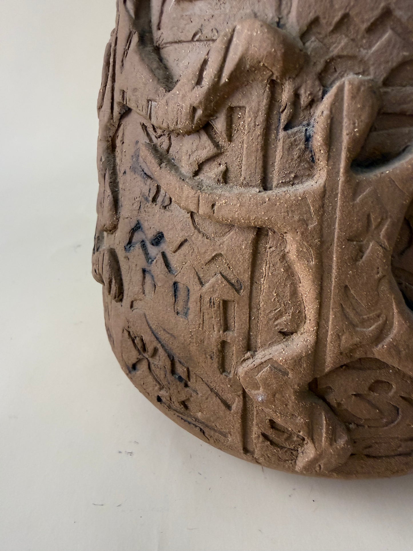 Vintage Studio Pottery Vase with Figure and Abstract Relief