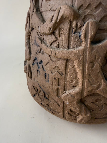 Vintage Studio Pottery Vase with Figure and Abstract Relief