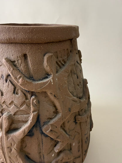Vintage Studio Pottery Vase with Figure and Abstract Relief