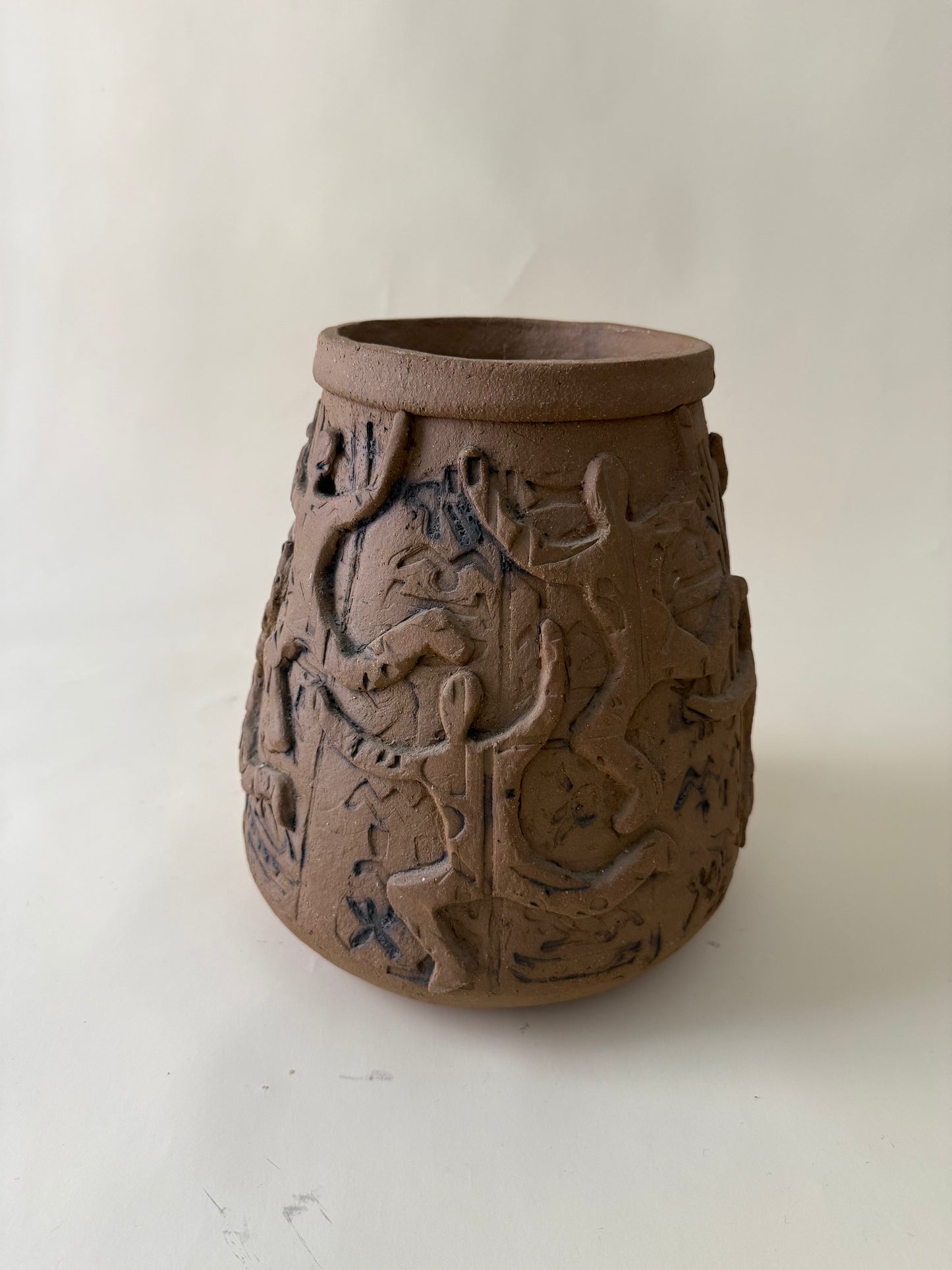 Vintage Studio Pottery Vase with Figure and Abstract Relief