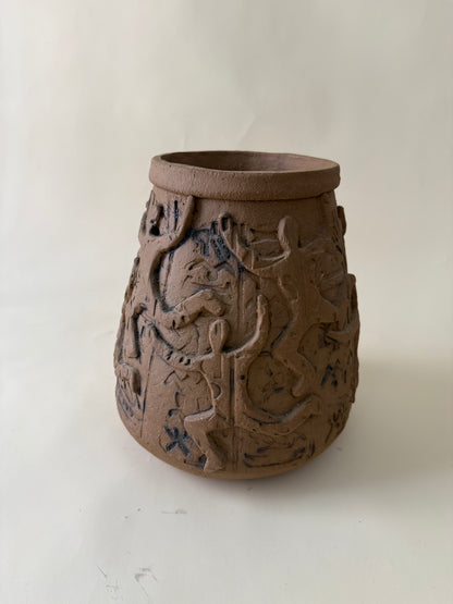 Vintage Studio Pottery Vase with Figure and Abstract Relief
