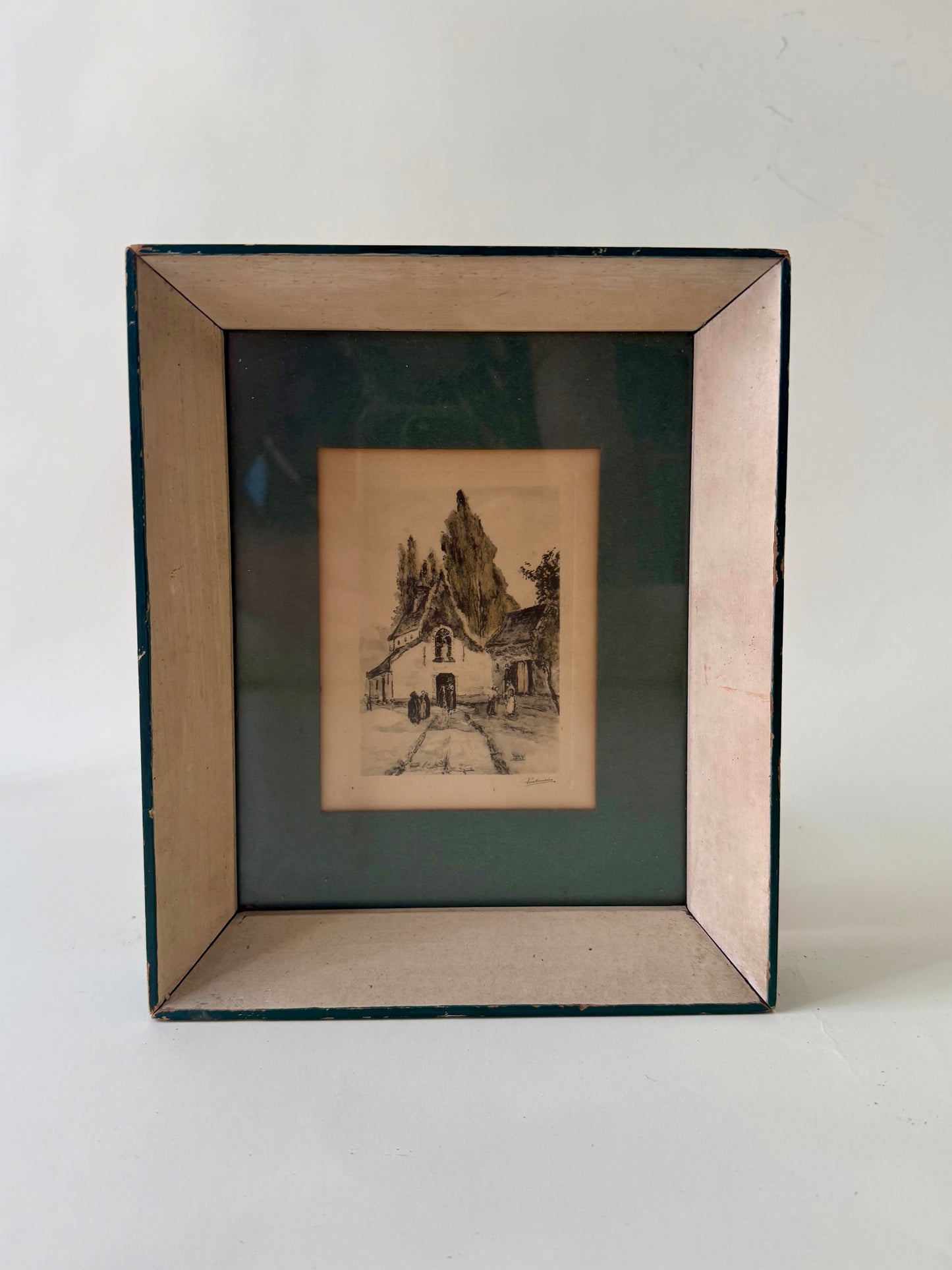 Vintage Lithograph of a Village in Green and Cream Frame