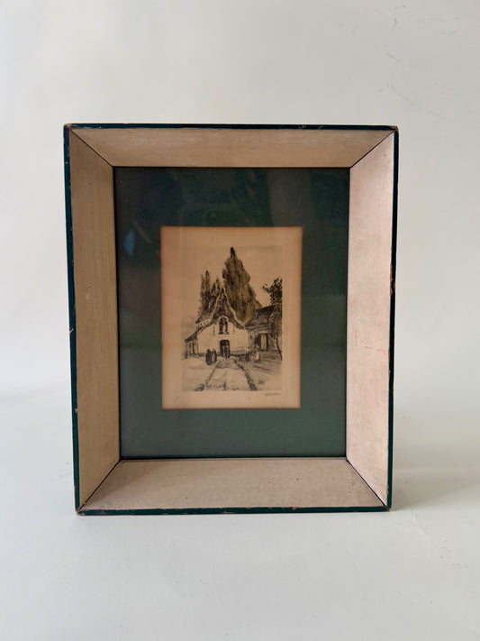Vintage Lithograph of a Village in Green and Cream Frame