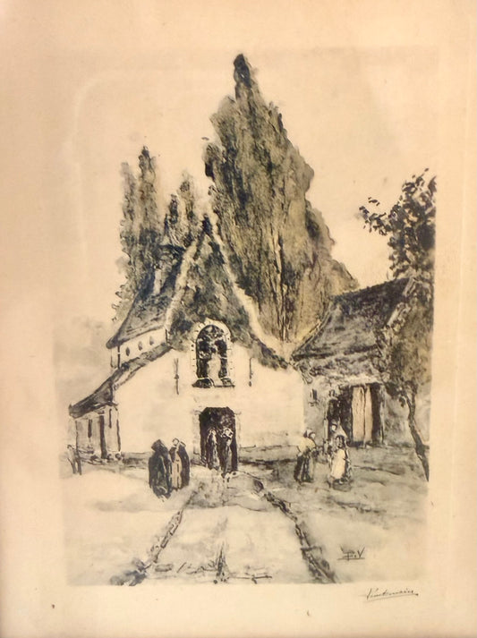 Vintage Lithograph of a Village in Green and Cream Frame