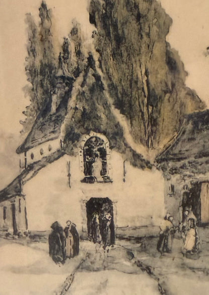 Vintage Lithograph of a Village in Green and Cream Frame