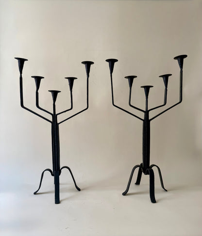 Vintage Spanish Brutalist Style Black Wrought Iron Candlelabras