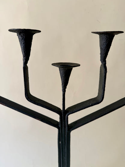 Vintage Spanish Brutalist Style Black Wrought Iron Candlelabras