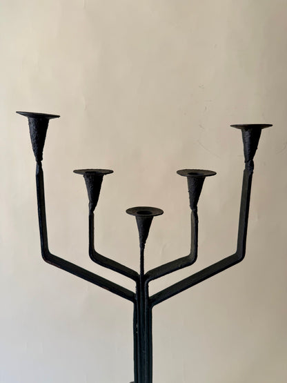 Vintage Spanish Brutalist Style Black Wrought Iron Candlelabras