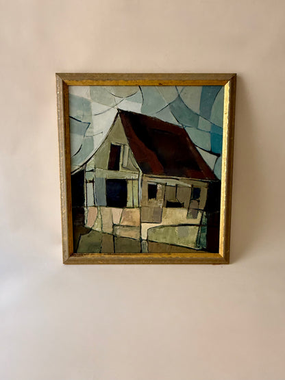 Vintage Moody Cubist Painting of a House in a Gold Frame