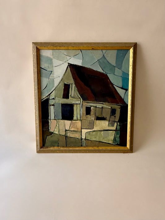Vintage Moody Cubist Painting of a House in a Gold Frame