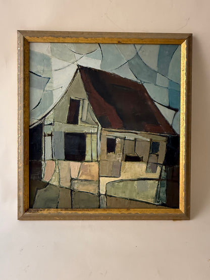 Vintage Moody Cubist Painting of a House in a Gold Frame