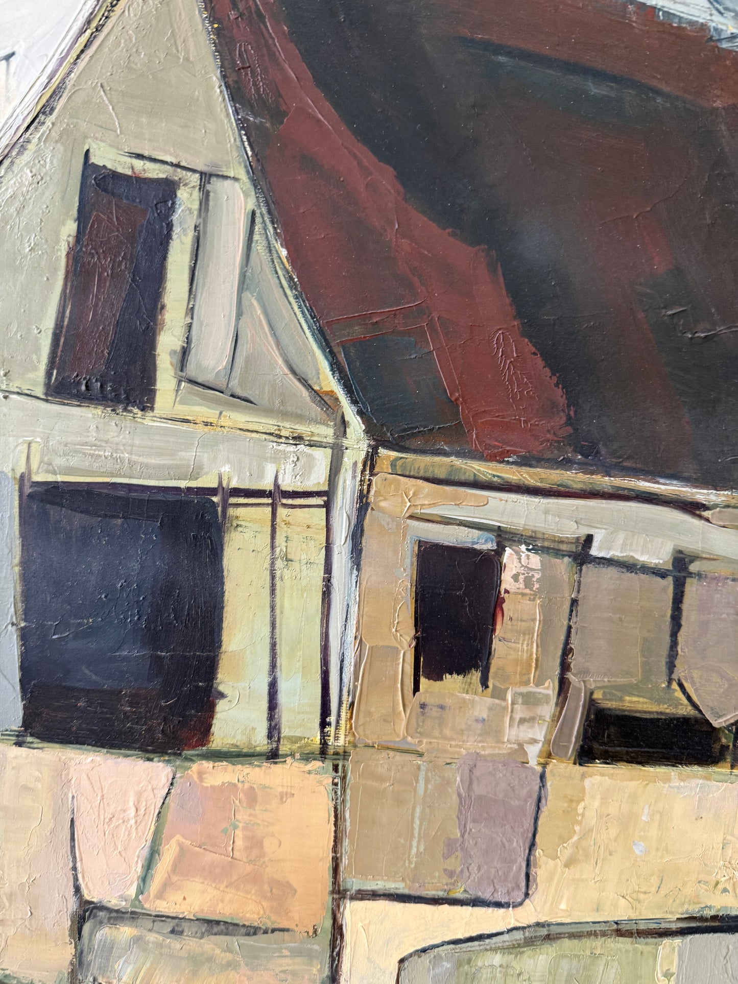 Vintage Moody Cubist Painting of a House in a Gold Frame