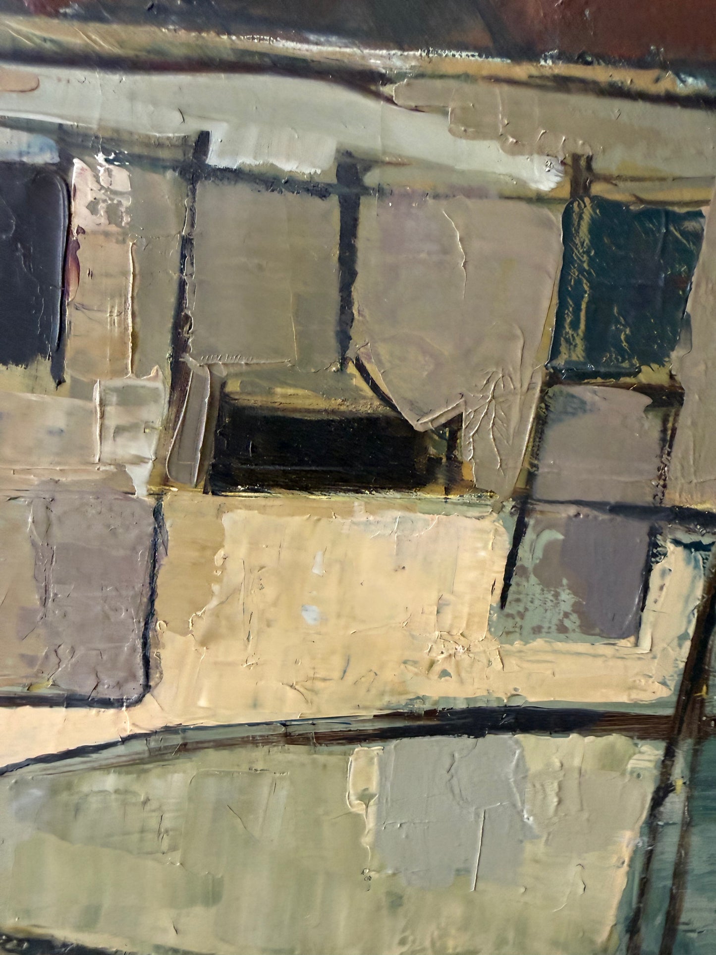 Vintage Moody Cubist Painting of a House in a Gold Frame