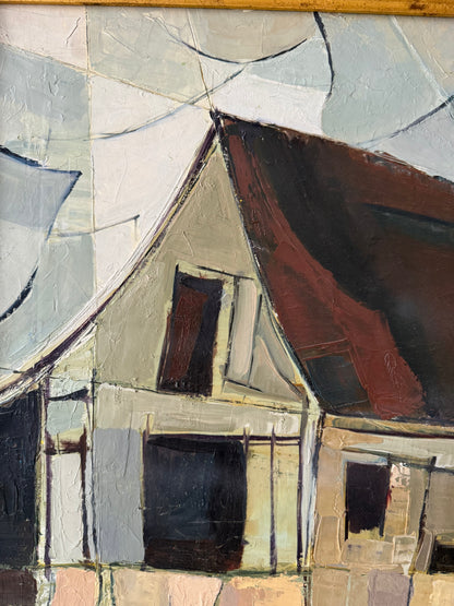 Vintage Moody Cubist Painting of a House in a Gold Frame
