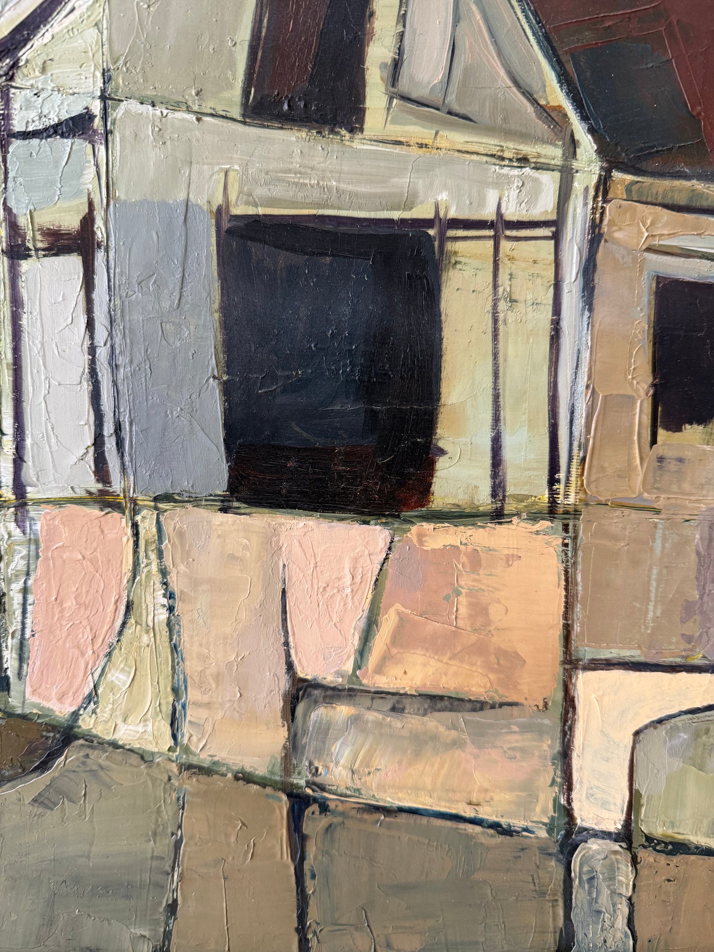 Vintage Moody Cubist Painting of a House in a Gold Frame