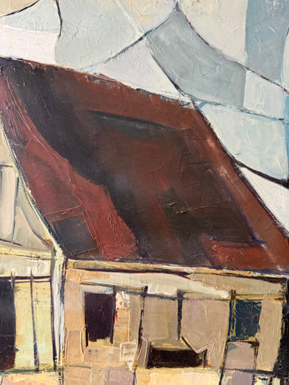 Vintage Moody Cubist Painting of a House in a Gold Frame