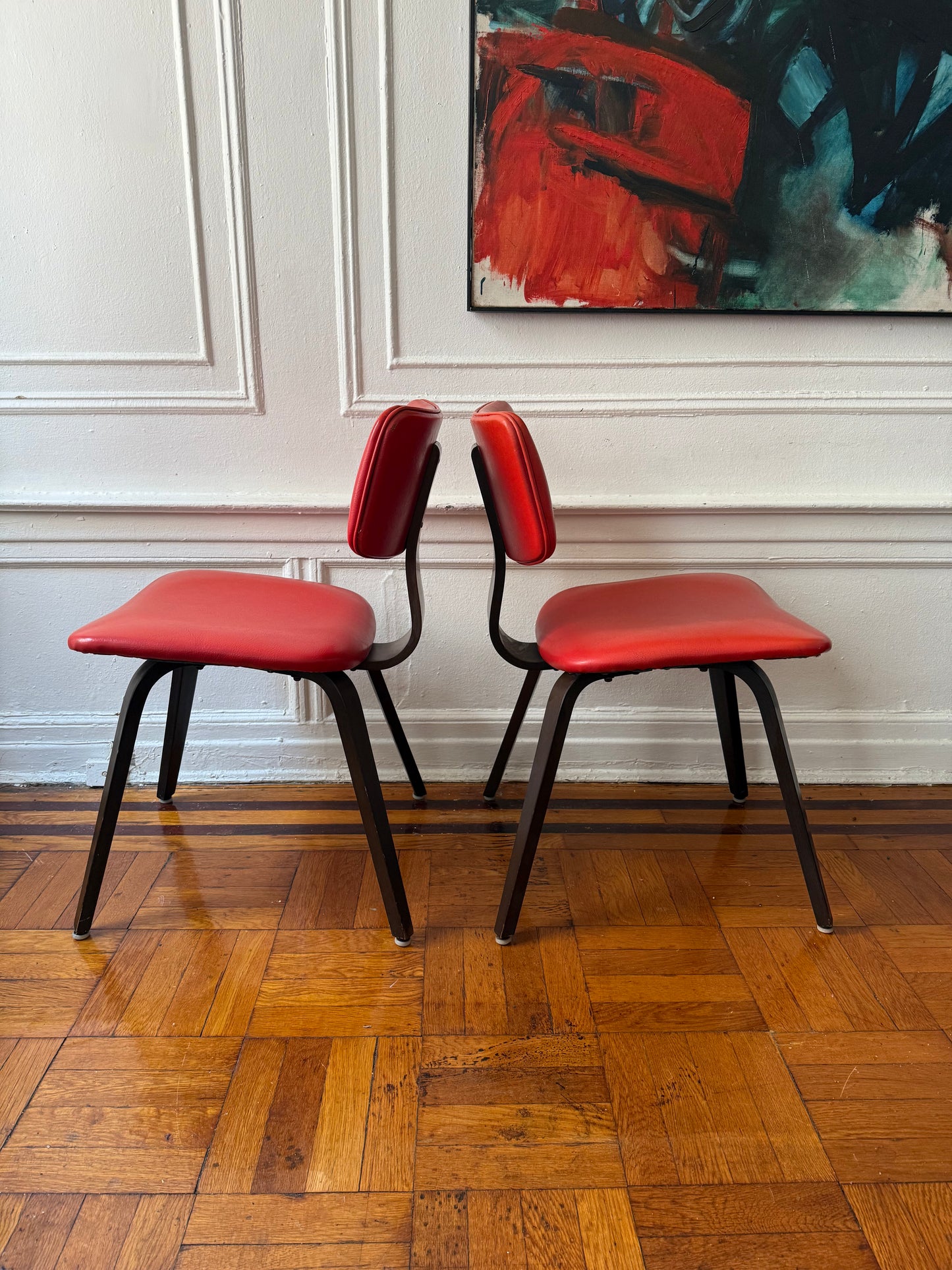 Pair of Mid Century Thonet Chairs with Red Vinyl Upholstery