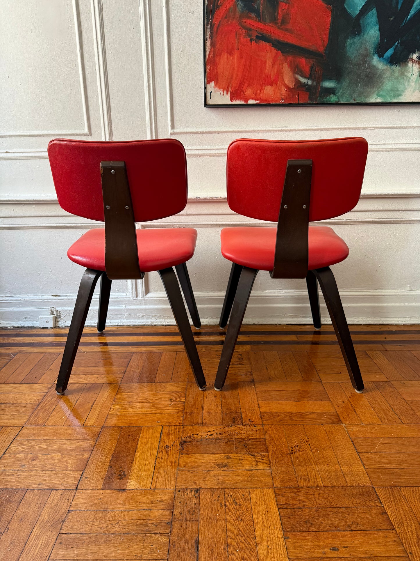 Pair of Mid Century Thonet Chairs with Red Vinyl Upholstery
