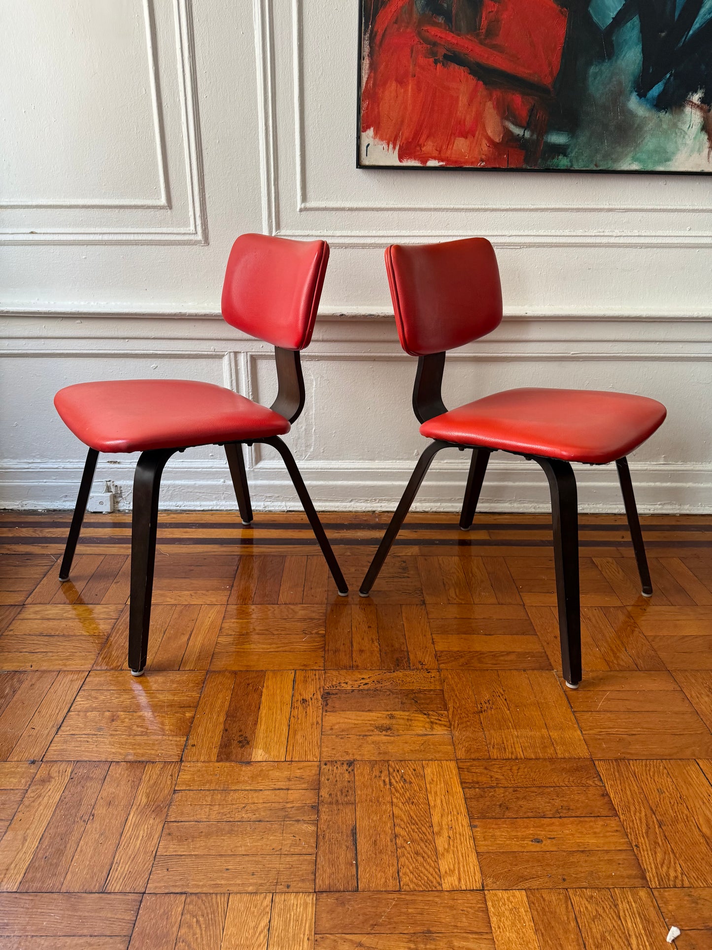 Pair of Mid Century Thonet Chairs with Red Vinyl Upholstery