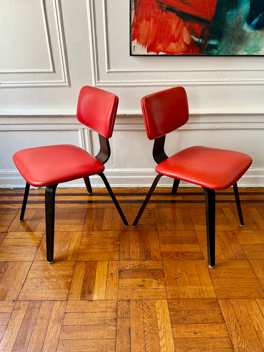pair of mid century Thonet chairs with red vinyl upholstery