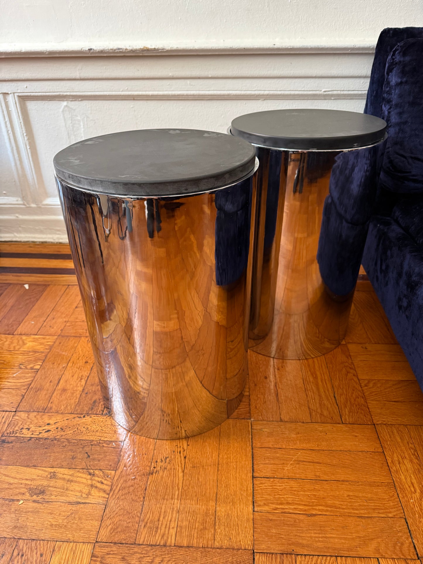 Vintage Polished Steel Cylindrical Cocktail Tables With Ground Slate Top in the style of Paul Mayen for Habitat