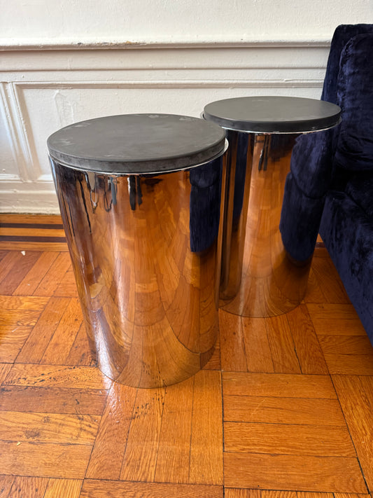vintage polished steel cylindrical cocktail tables with ground slate top in the style of Paul Mayen for Habitat