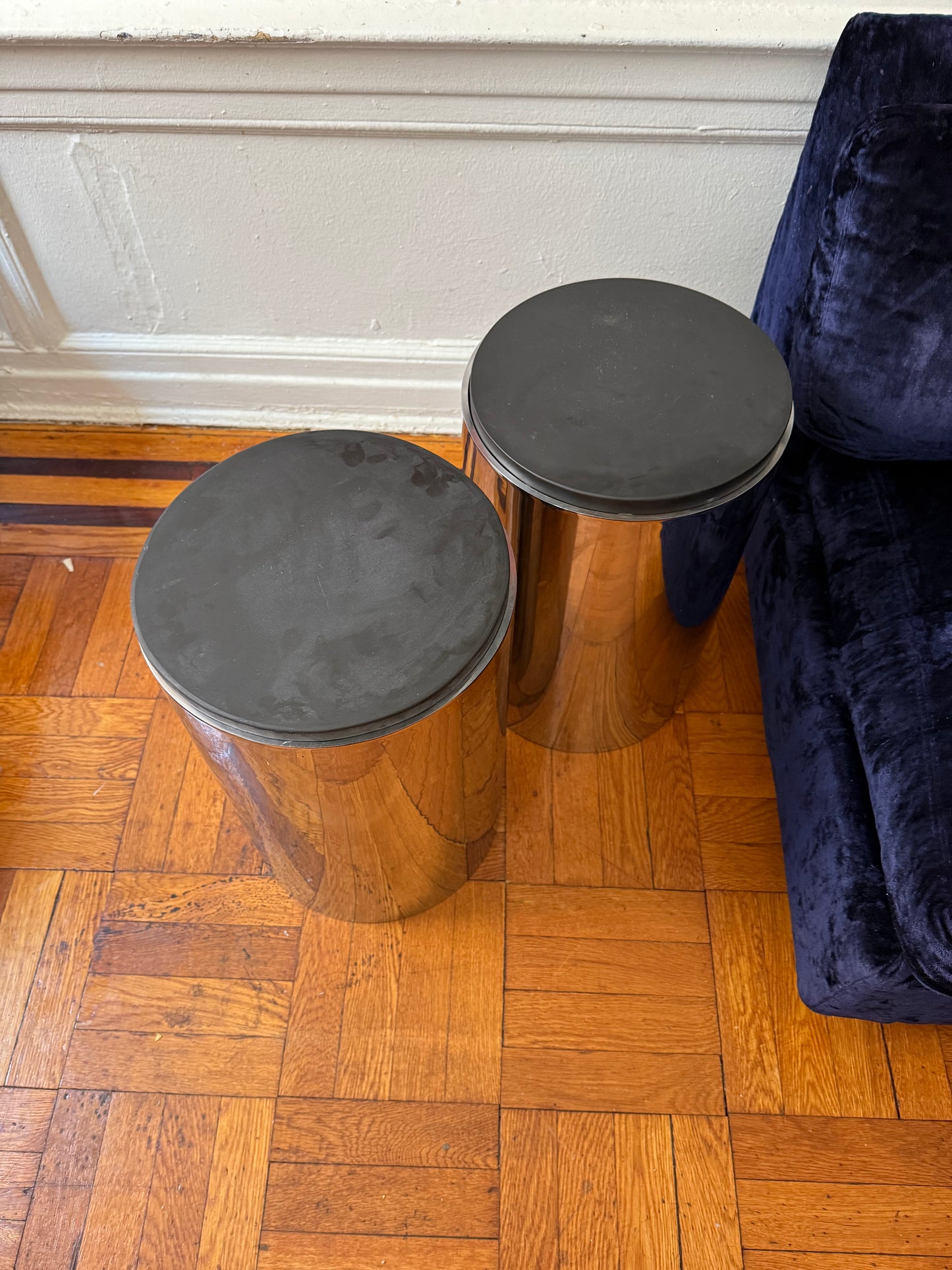 Vintage Polished Steel Cylindrical Cocktail Tables With Ground Slate Top in the style of Paul Mayen for Habitat