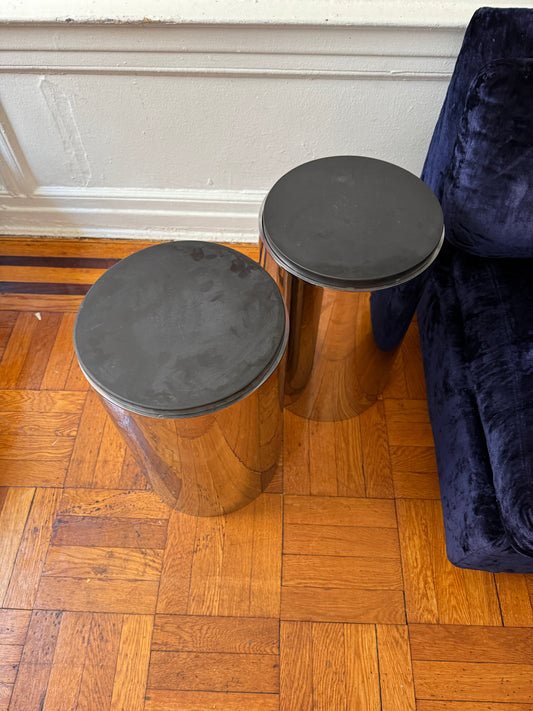 vintage polished steel cylindrical cocktail tables with ground slate top in the style of Paul Mayen for Habitat