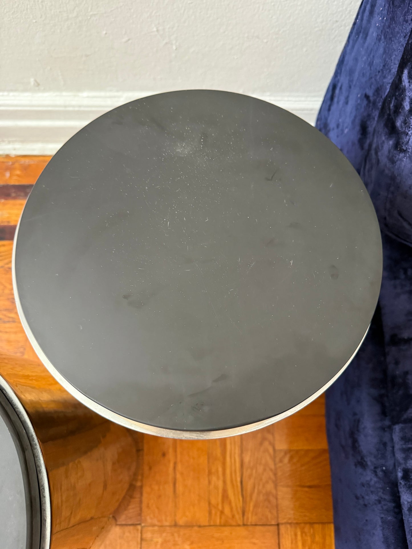 Vintage Polished Steel Cylindrical Cocktail Tables With Ground Slate Top in the style of Paul Mayen for Habitat
