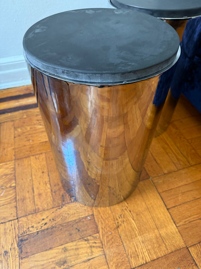 Vintage Polished Steel Cylindrical Cocktail Tables With Ground Slate Top in the style of Paul Mayen for Habitat