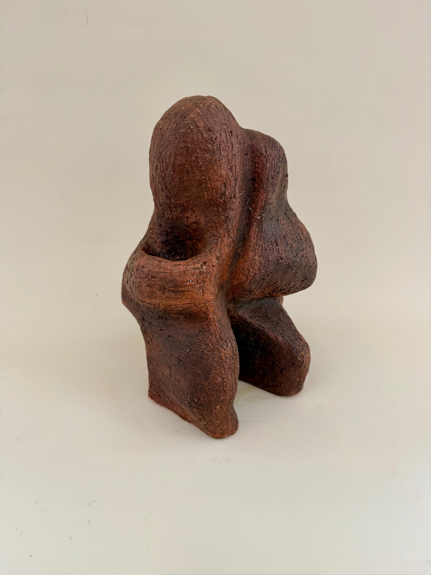 Biomorphic Chocolate Brown Textured Abstract Ceramic Sculpture