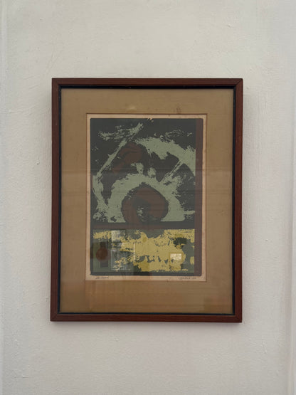 Vintage Abstract Moody Lithograph called “Landsend”  in Wood Frame