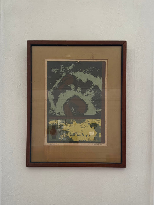 vintage abstract moody Lithograph called “Landsend”  in wood frame