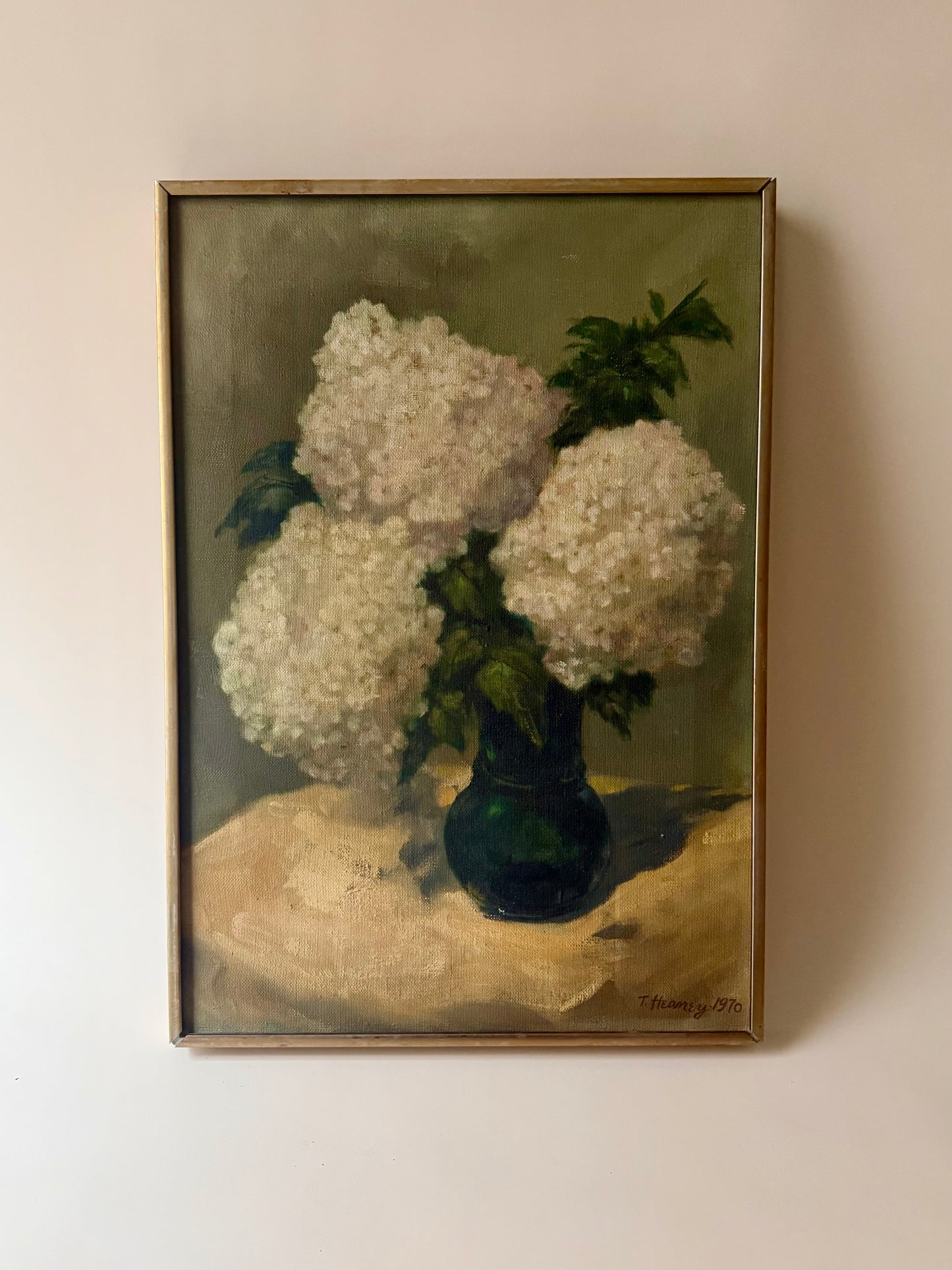 vintage 1970s realist still life painting of hydrangeas