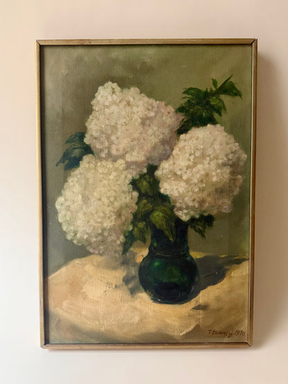 vintage 1970s realist still life painting of hydrangeas